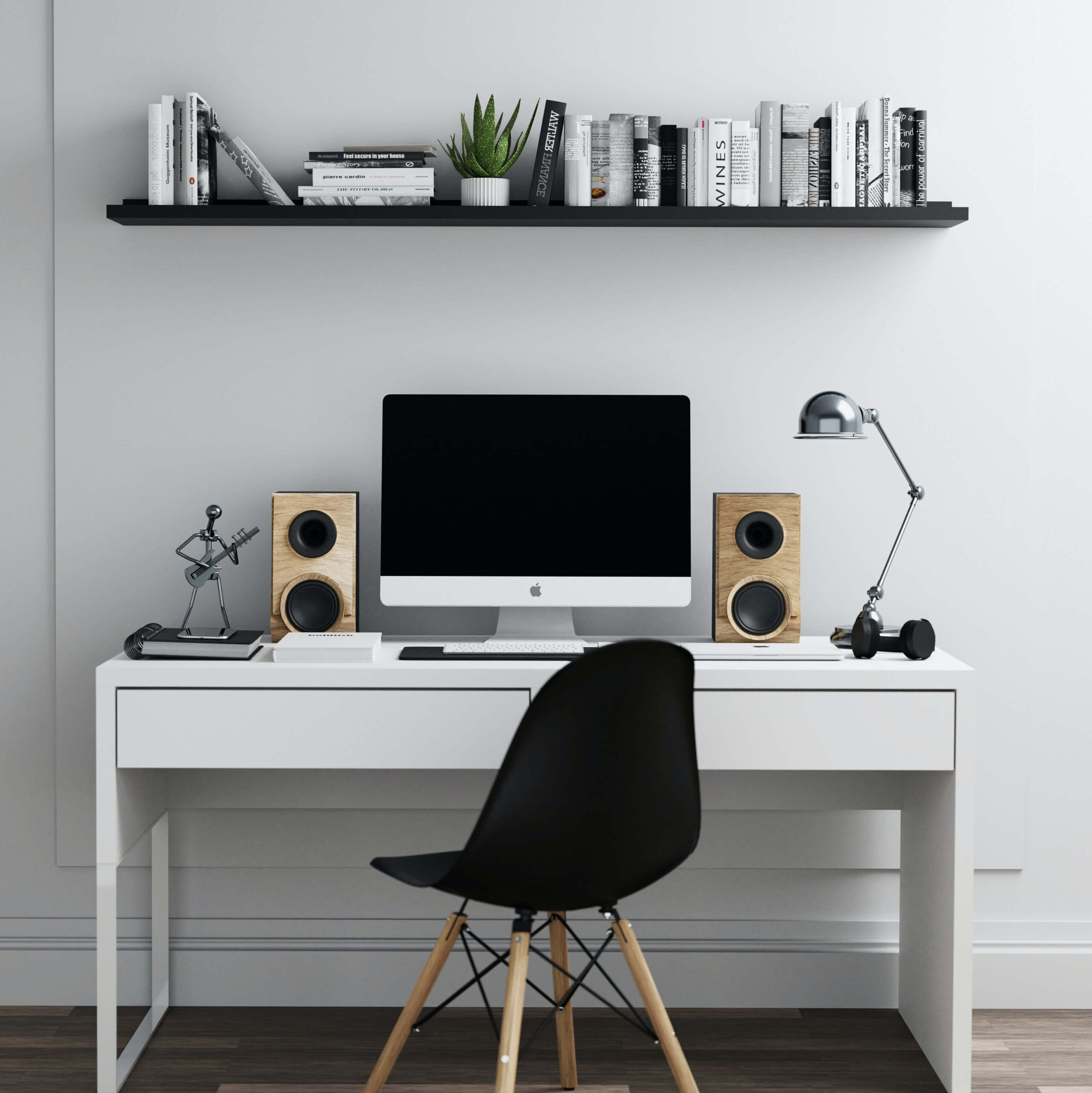 White Wooden Table with Computer Under the Bookshelf
